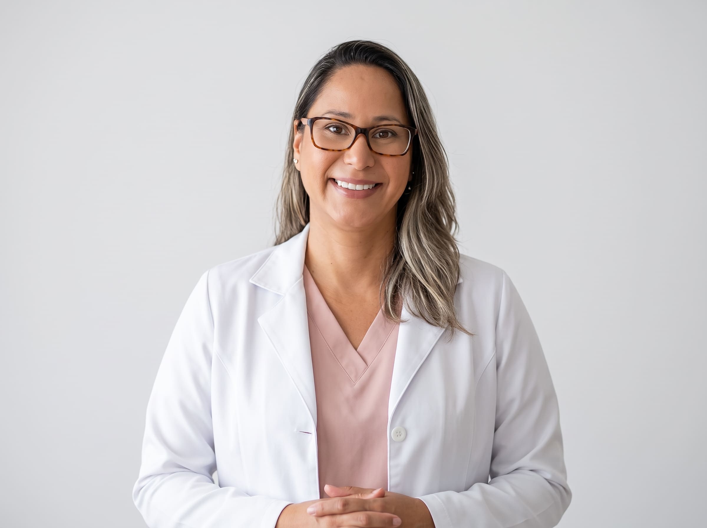 Luh, de jaleco branco, sorrindo
